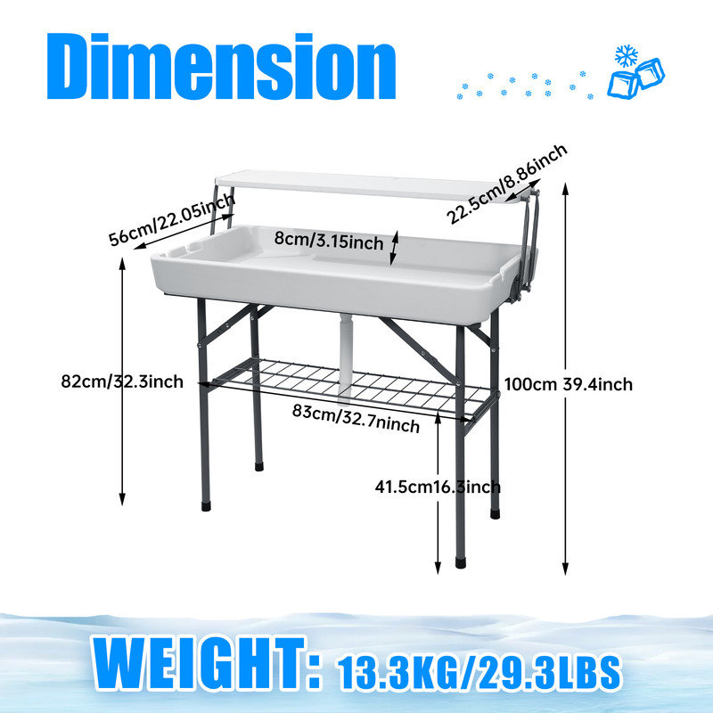 Table pliante pour glacière avec drain, jupe incluse, idéale pour les fêtes, les barbecues, la pêche et les tâches de nettoyage