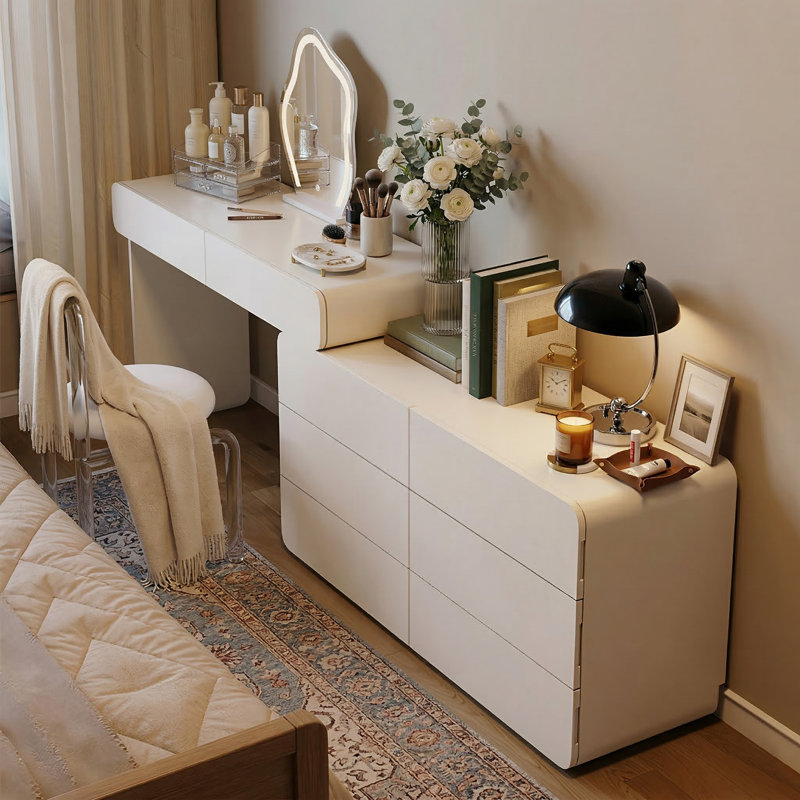 Easy Installation Extendable 47.24''–90'' Makeup Vanity, Modern Vanity Desk with 8 Storage Drawers, Cream Dressing Table with L-Shape or Straight Layout for Different Houses