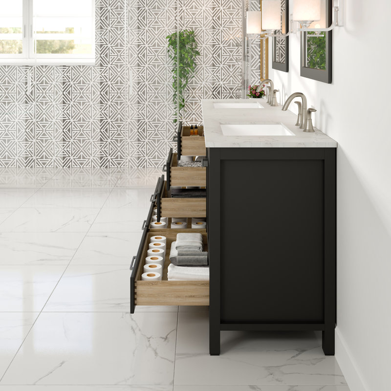 Minnich 84"W x 22"D Double Sink Bathroom Vanity with Undermount Porcelain Sink, Espresso, Quartz - White Carrara