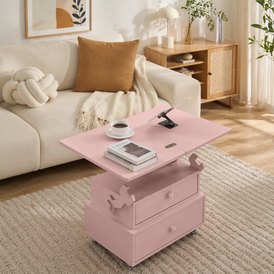 Table de bout roulante à hauteur ajustable laquée ultrabrillante avec station de charge et roues universelles avec freins, table à plateau relevable multifonctionnelle avec tiroirs de rangement pour la chambre à coucher du salon