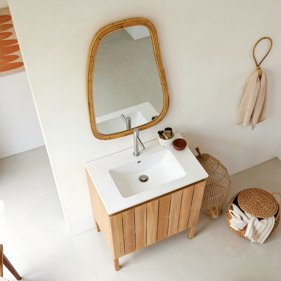 Meuble-lavabo autoportant en bois d'hévéa avec miroir