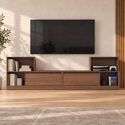 Meuble télé extensible de 202 à 280 cm de large avec 2 tiroirs et un espace de rangement ouvert