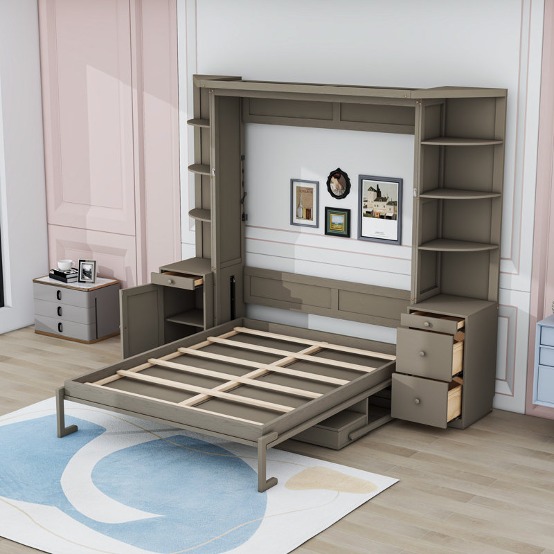 Lit escamotable Roubaix avec bureau intégré et tablettes de rangement, tiroirs et éclairage, Gris