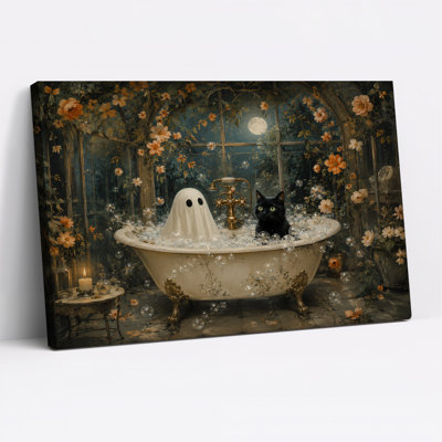 Art mural sur toile Halloween fantôme blanc et chat noir dans une baignoire au clair de lune