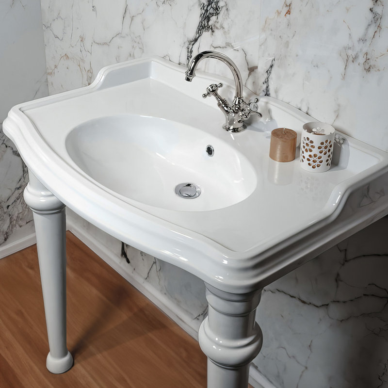 Whitehaus Collection 40" Rectangular Console Sink With Integrated Oval Bowl, Backsplash, Ceramic Leg Support And Overflow