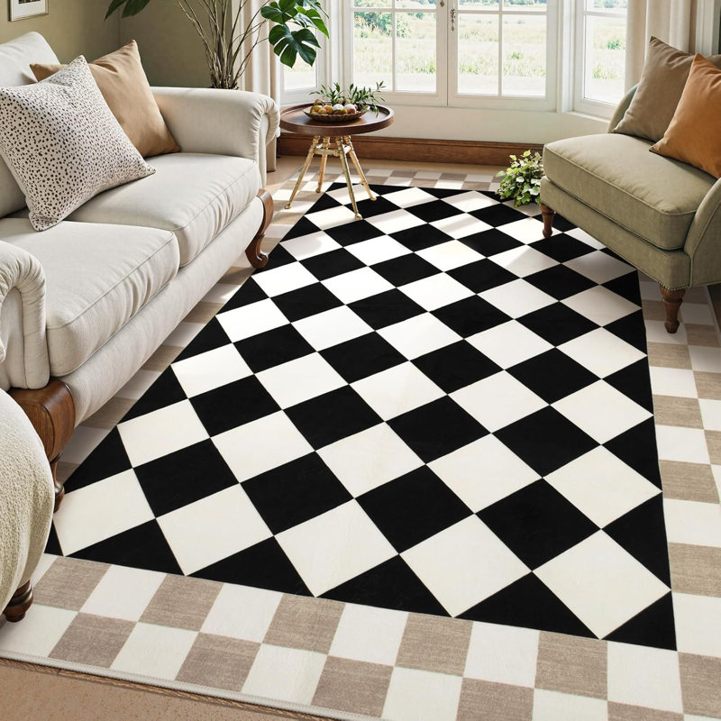  Checkered Washable Area Rug for Living Room Non-Slip Soft Stain Resistant Indoor Carpet, Rectangle 5' x 7'