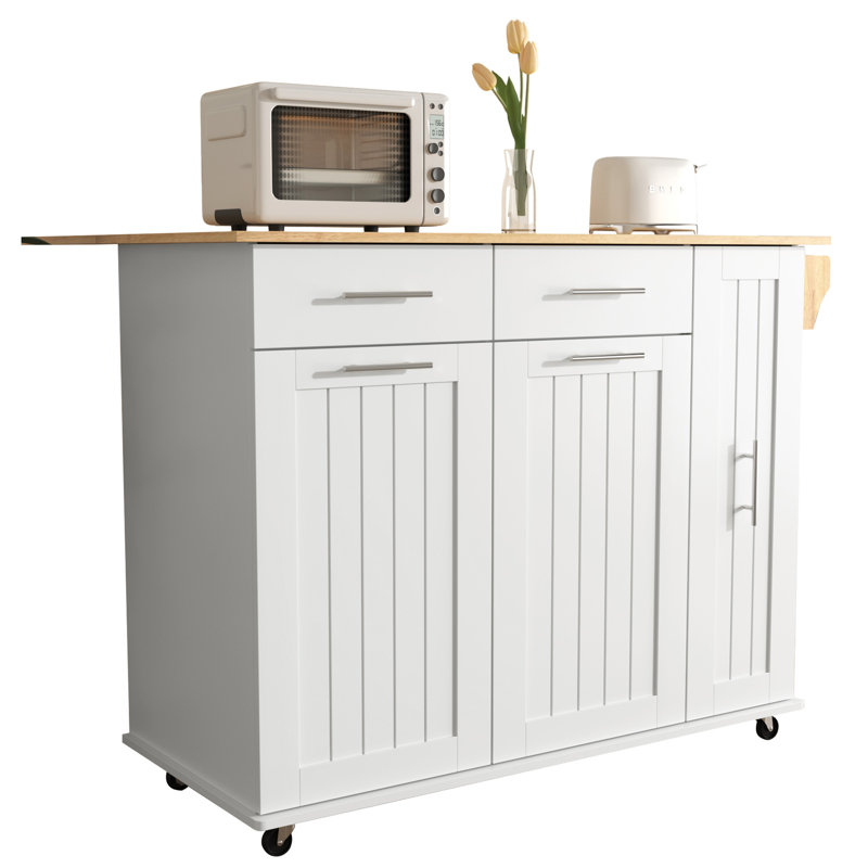 K&K Kitchen Island With Drop Leaf, White