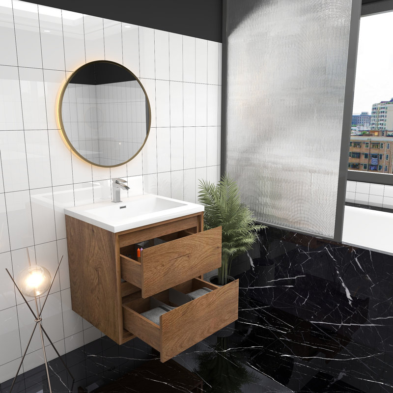 Meuble-lavabo mural 24 po Jack en chêne teck avec lavabo en acrylique renforcé Jack, Chêne et teck