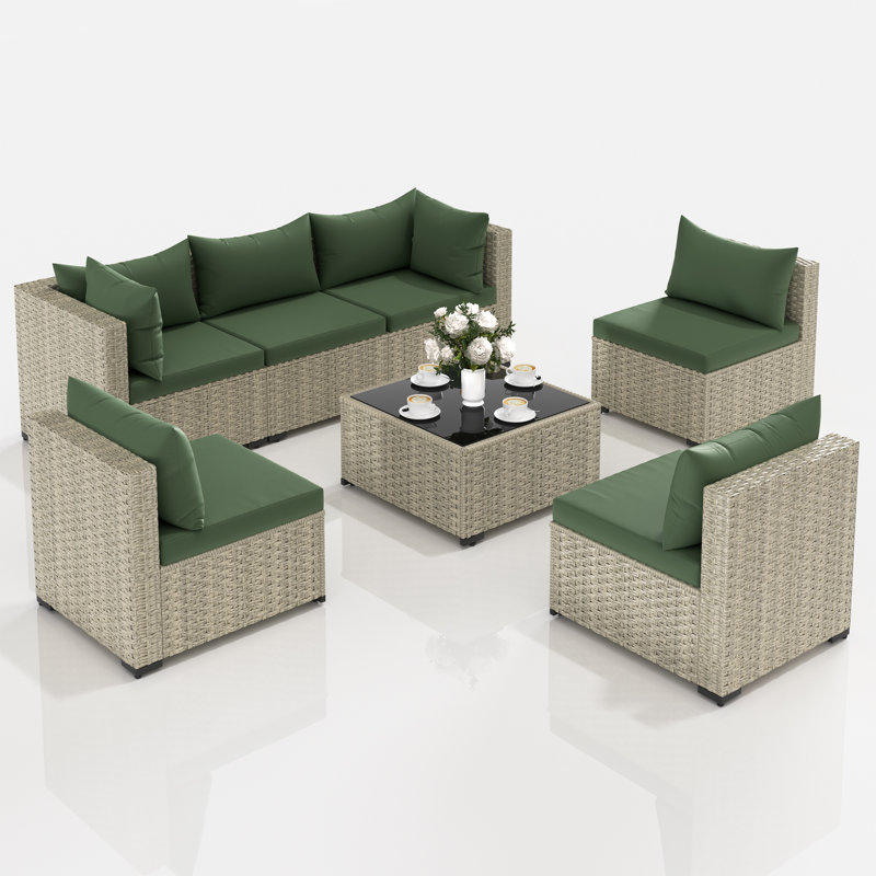 7 Pieces Rattan Patio Conversation Sets With Cushions, Green