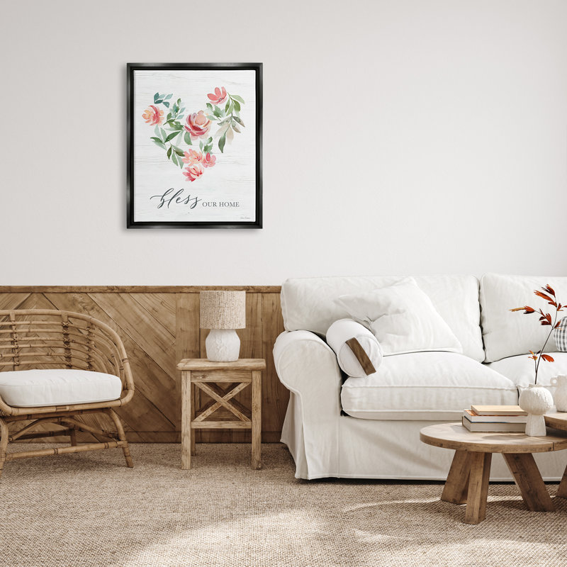 «Bless Our Home Grainy», motif floral en forme de cœur par Kristen Brockmon, H 31 po x l 25 po x P 1,7 po