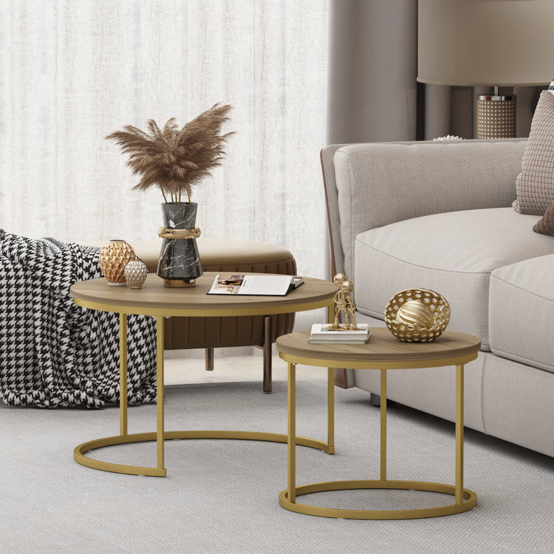 27.6in Nesting Coffee Table Set of 2, Round Coffee Table Wood Marble Pattern Top with Sturdy Metal Frame, End Table Side Tables for Living Room Bedroom Balcony Yard (Brown)