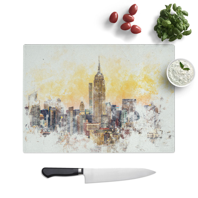 Tempered Glass New York Skyline Watercolour Chopping Board, 20 cm x 28.5 cm