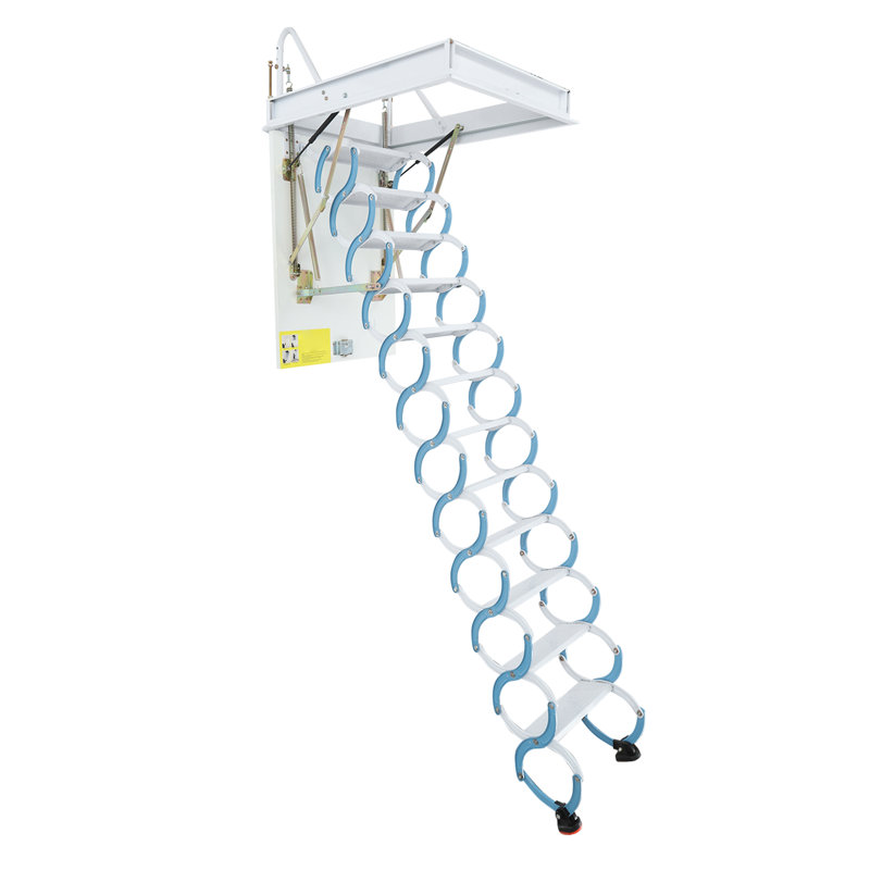 12 Steps Pull Down Folding Attic Stairs Ceiling Mounted With Pull Rod 661LB, White/Blue