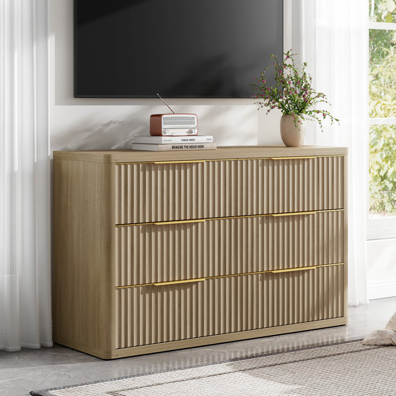 Cesiro 53.5"W Fluted Panel 6-Drawer Dresser With Gold Handles, Natural Oak, 1