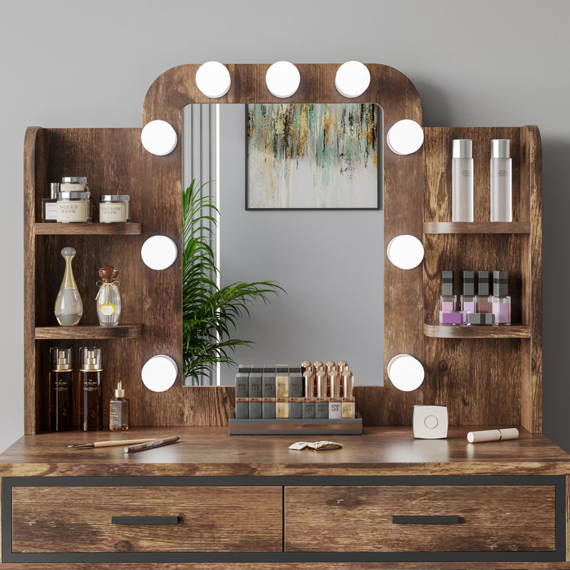 Coiffeuse avec miroir lumineux Thriston, Brun / noir