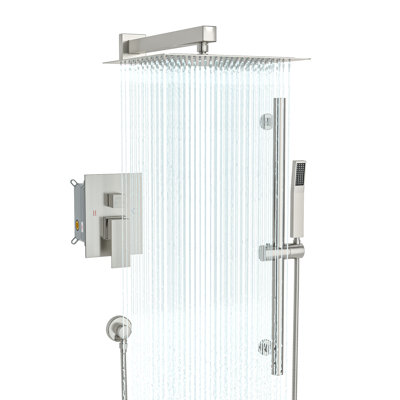 12" Square Wall Mounted Complete Shower System Rainfall Shower Head with Rough in-Valve and Slide Bar
