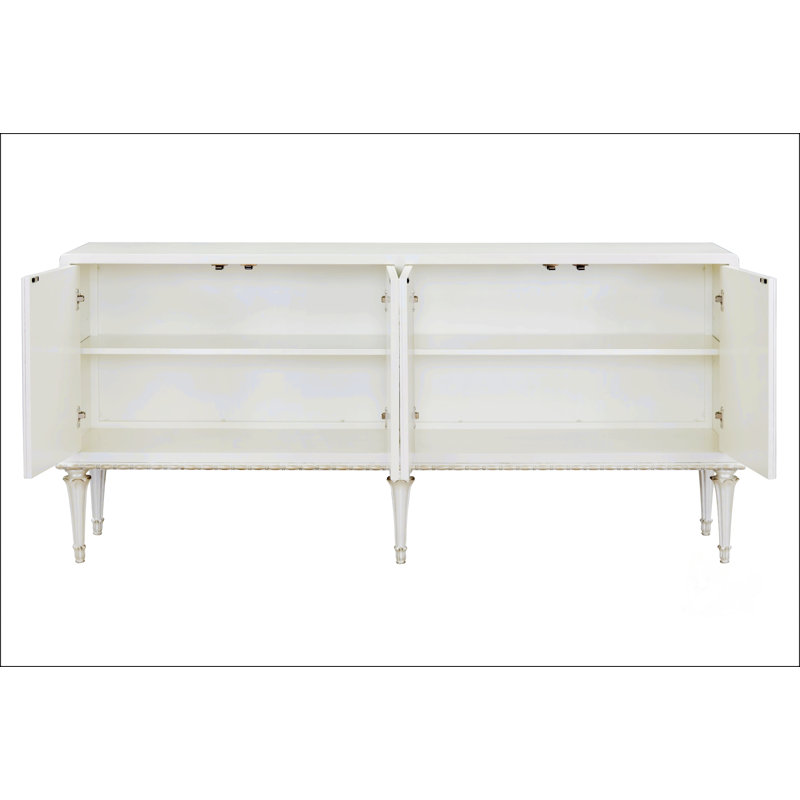 Élégante armoire console blanc perle avec portes en verre à motifs et pieds ornés, parfaite pour un décor provincial français