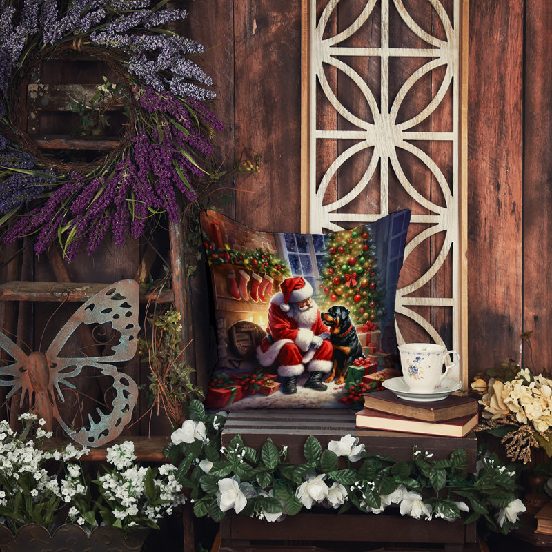Coussin Rottweiler and Santa Claus, H 14 po x l 14 po