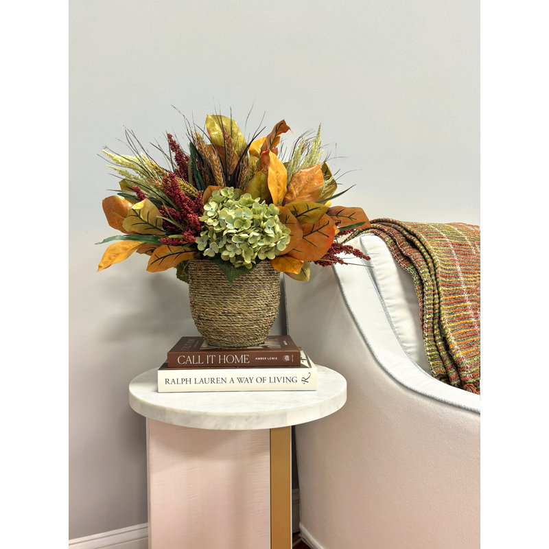 Hydrangea Fall Floral with Wheat and Heather in Rope Pot