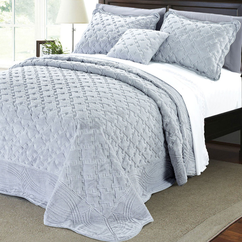 Ensemble de courtepointe en similifourrure de 4 pièces Tatami, Couvre-lit grand + 3 pièces supplémentaires, Gris