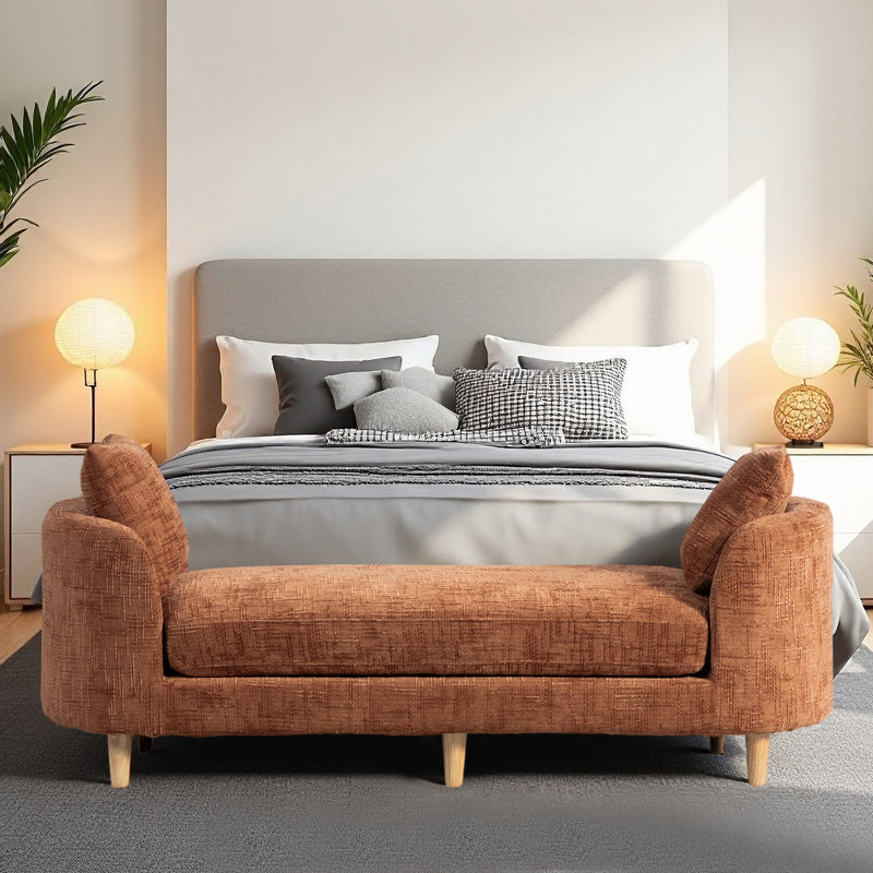 Banc rembourré 77,17 po en chenille avec accoudoirs et 2 coussins, Orange
