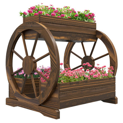 2 - Tier Raised Garden Bed, 25" X 21" 24" Wooden Wagon Planter Boxes For Vegetables, Flowers, Herbs, Three To Group Plants By Color And Soil Requirement, Decorative Wheel On Sides, Self Draining