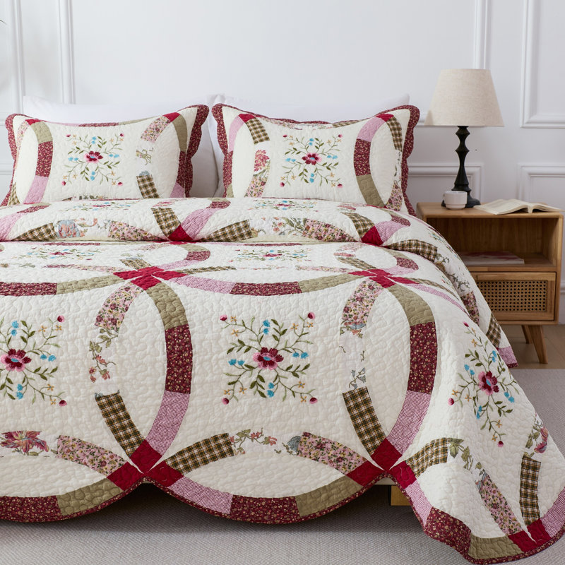 Ensemble de courtepointe 100% coton faite à la main avec patchwork véritable broderie florale réversible, prélavée, douce et respirante