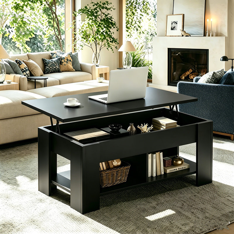 Lift Top Coffee Table, Expandable Coffee Table with Hidden Storage, Convertible to Laptop Desk or Dining Table for Living Room, Home Office, Small Spaces - Modern Wooden Center Table with Gas Spring Mechanism,Black