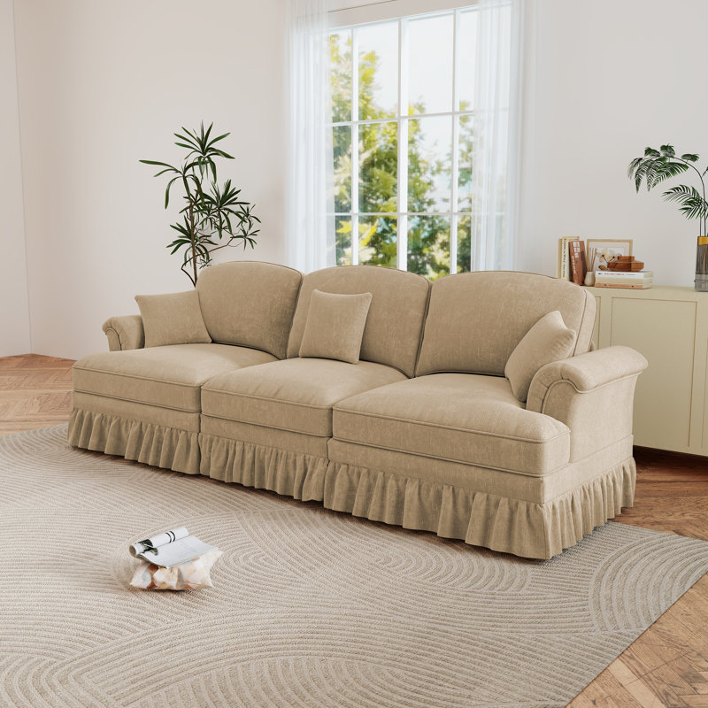 Mid Century Upholstered Loveseat,Three Seater Sofa Couch With Flared Arms And Removable Ruffles Pleats Skirts, Light Coffee