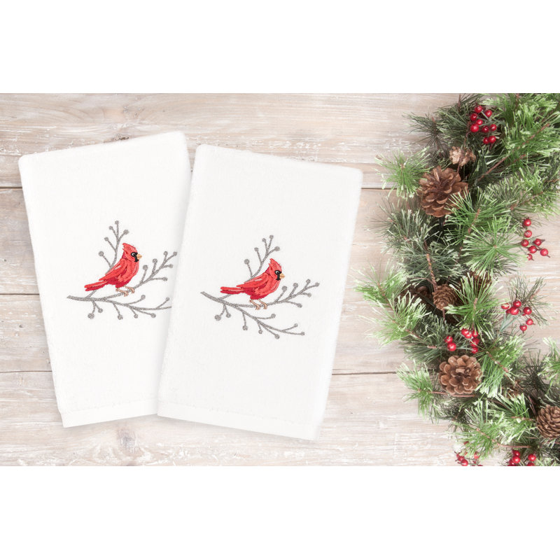 Christmas Cardinal Embroidered Luxury 100% Cotton Hand Towel, White