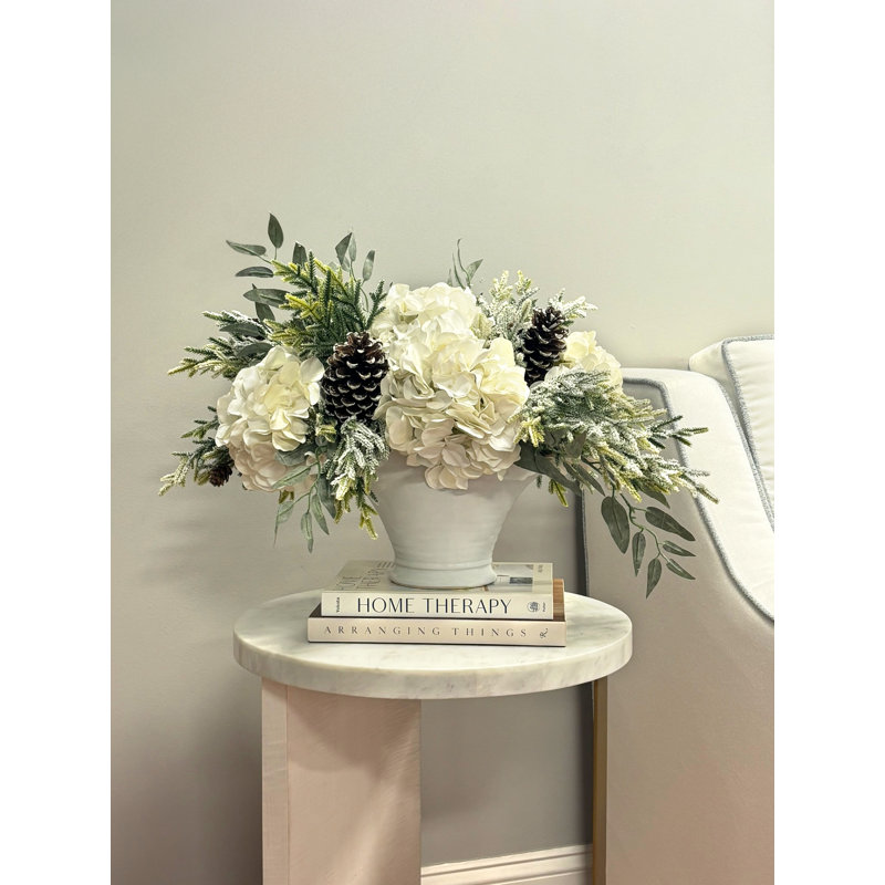 Holiday Arrangement with Sage, Hydrangeas and Pinecones