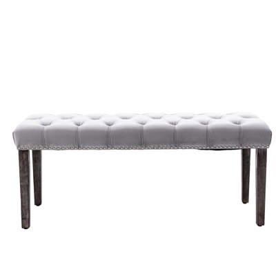 Gray, Upholstered Bench, Dining Room, Bedroom, Velvet Cushion, Rubber Wooden Legs, Easy Assembly, Protects Floors, 17.26" Width Garage, 18.95" Height