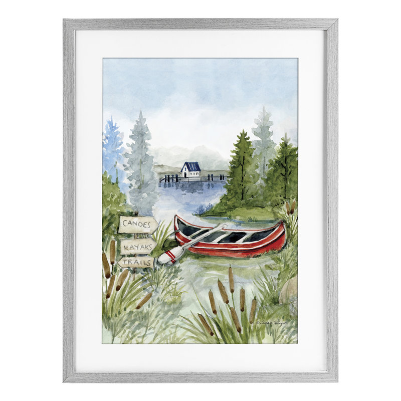 «Canoe On Lake», reproduction sous verre encadrée, conception de Susan Winget, H 23 po x l 17 po