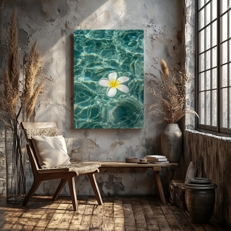 Toile, scène sereine et tranquille avec une seule fleur blanche avec un centre jaune flottant doucement sur la surface de la toile