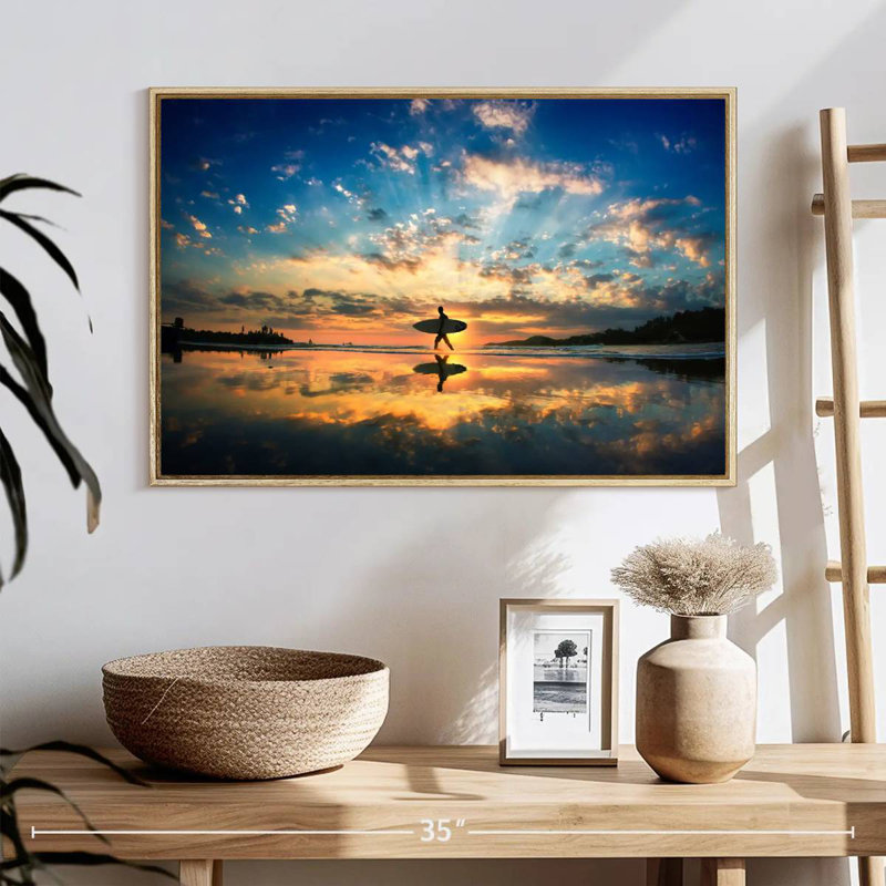 Sunset Surfer Reflection, 25" X 17", Floating Frame Natural Wood