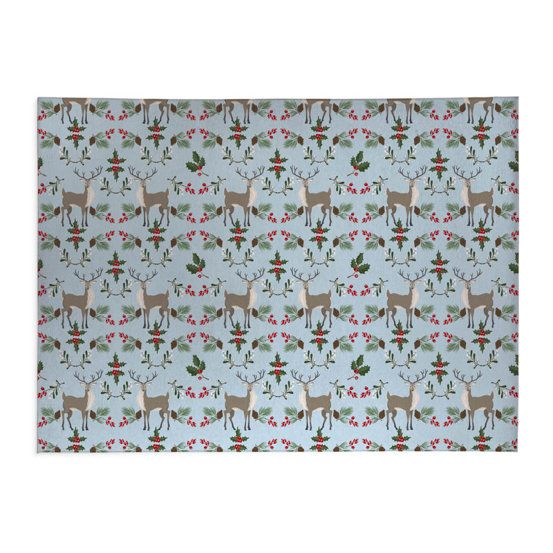 Tapis de cuisine Botanical Deer, Rectangle 6 pi x 4 pi, Argent / bleu