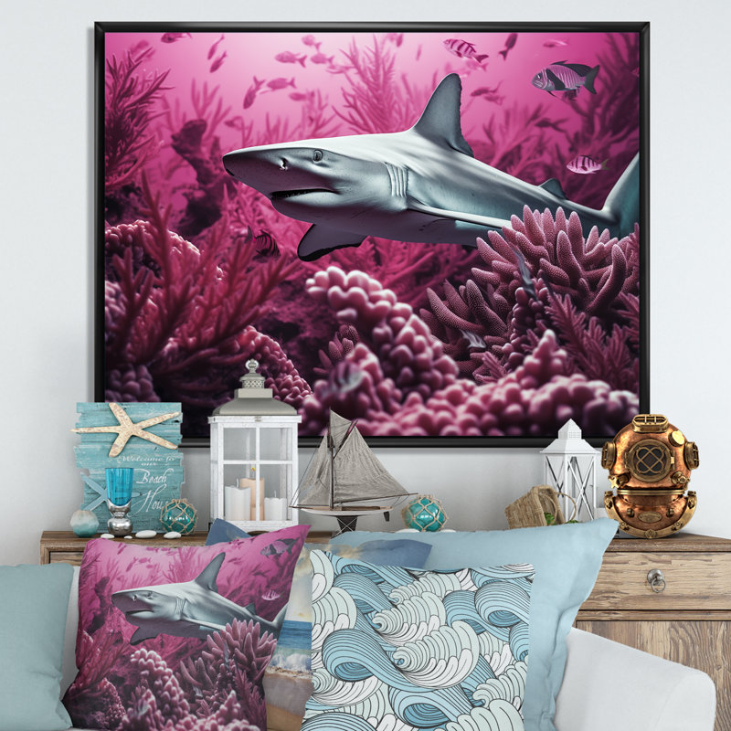 " Hammerhead Purple Sharks ", 34" H x 44" W x 1.5" D, Black Floater Framed
