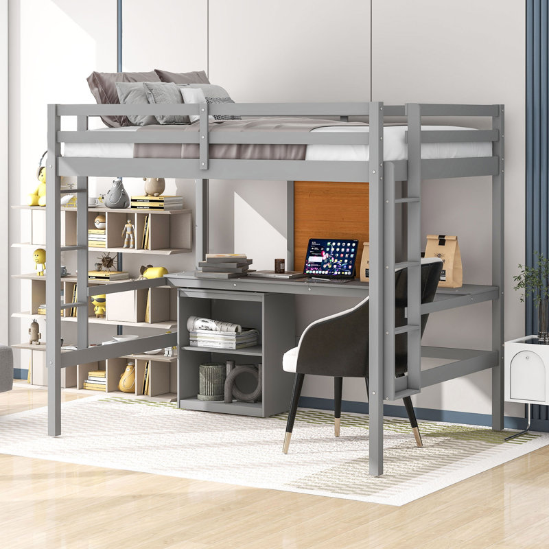 Lit mezzanine avec bureau et tableau d'écriture, lit mezzanine en bois avec bureau et armoire à 2 tiroirs, Gris, Double