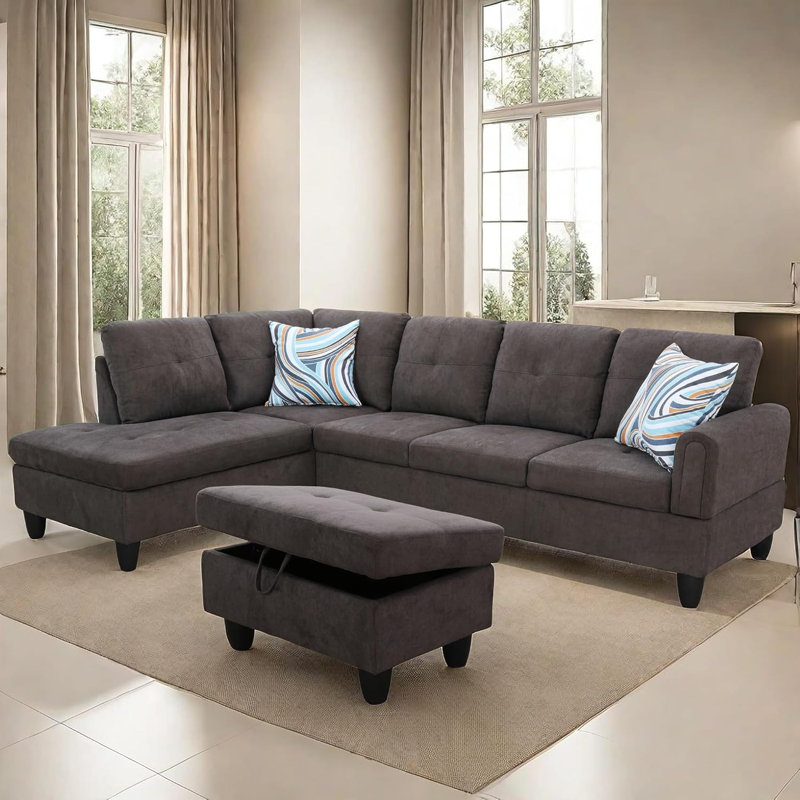 3-Piece Flannel Sectional Sofa, Gray Fabric, Left Hand Facing