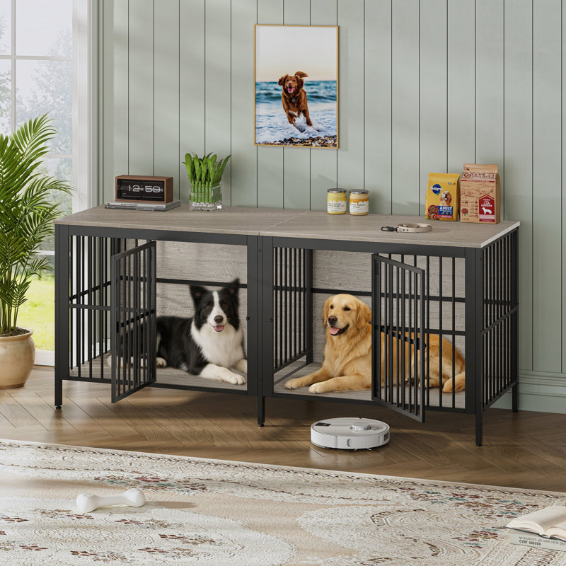 Table de bout de 80 po pour cage de chien, chenil d'intérieur 2 portes robuste, meuble pour chien polyvalent comme meuble télé ou table d'appoint pour le salon, grands et moyens chiens, gris.