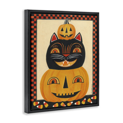 Cadre flottant rétro avec citrouilles et chats souriants, design par Bernadette Deming