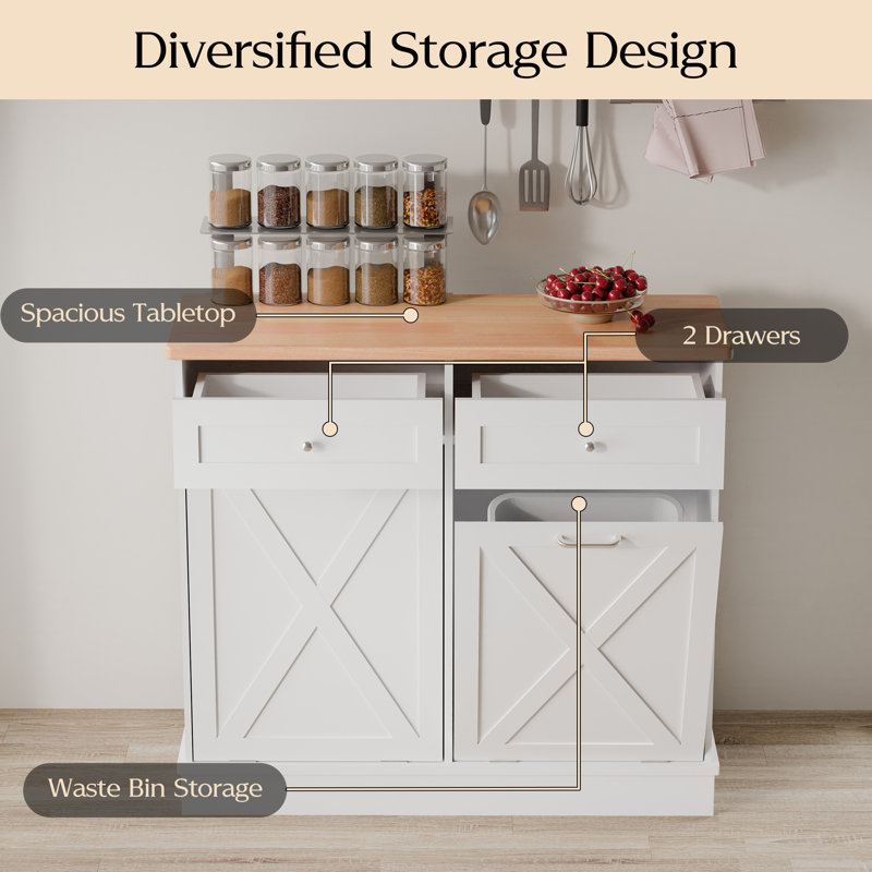 White Rubberwood Double Tilt-Out Kitchen Cabinet with Drawers