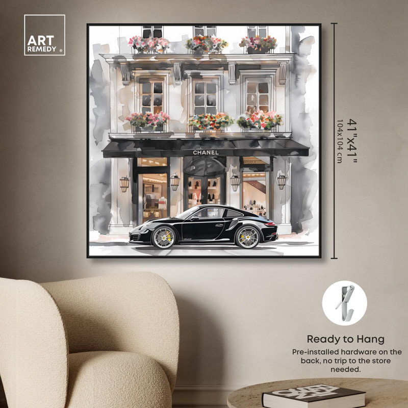 Fancy Car Storefront Canvas Fashion Illustration by Art Remedy, 41" H x 41" W x 1.8" D, Black Floater Framed