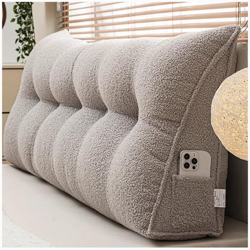 Teddy Velvet Ergonomic Triangular Bed Rest Pillow – Cozy Supportive Backrest Cushion with Pocket, Gray, 19.69"H x 78.74"W