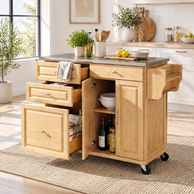 Îlot de cuisine extérieure, comptoir en bois de sapin avec plateau en acier inoxydable, armoire de rangement, tiroir, étagères ouvertes, porte-serviettes et roulettes verrouillables