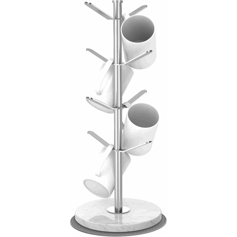 Porte-gobelet en marbre avec 8 crochets, porte-gobelet en acier inoxydable, coussinets en silicone antidérapants, base en marbre robuste, organisateur de comptoir pour la cuisine et le café, argent
