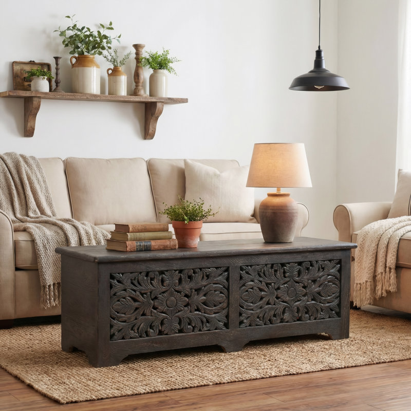 Banc de rangement en bois massif Harleen, Noir
