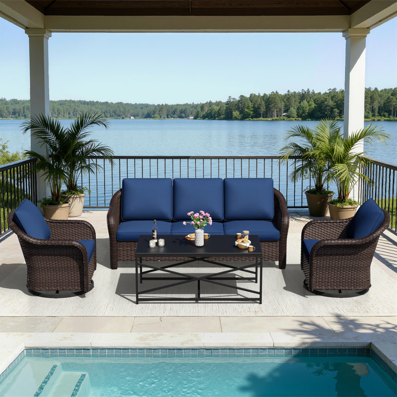 5-person Outdoor Patio Rattan Seating Group, Blue