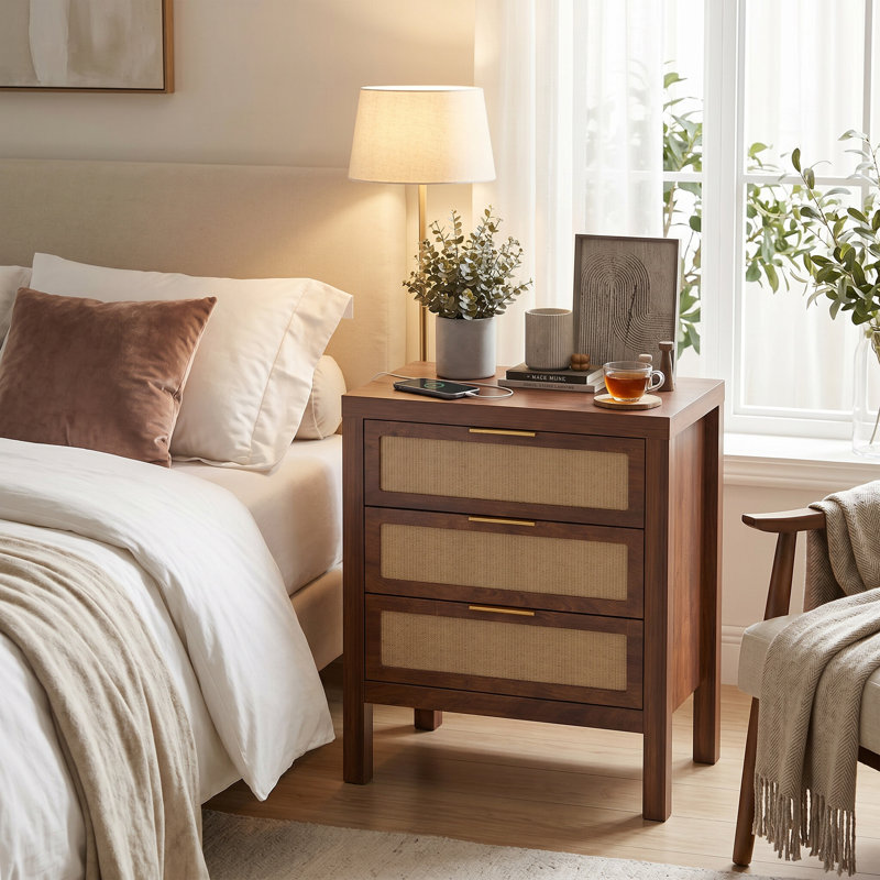 Commode 3 tiroirs en rotin, commode à cadre en noyer pour chambre à coucher, table boho, Walnut