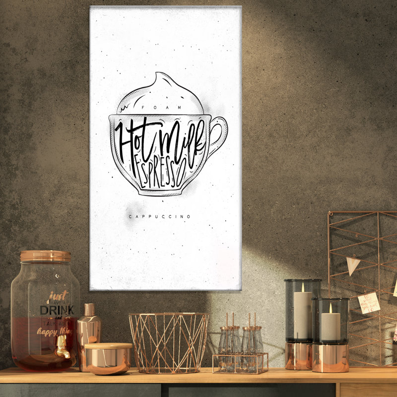 Food cappuccino Cup-impression d’art textuel, H 32 po x l 16 po x P 1 po, Toile tendue